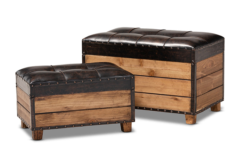 Sennet Rustic Dark Brown Faux Leather Upholstered 2-Piece Wood Storage Trunk Ottoman Set