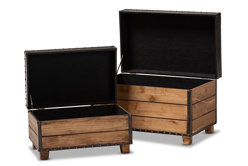 Sennet Rustic Dark Brown Faux Leather 2Pc Wood Storage Trunk Ottoman Set Baxton