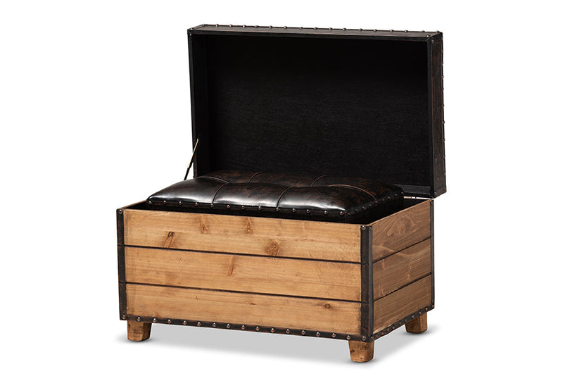 Sennet Rustic Dark Brown Faux Leather 2Pc Wood Storage Trunk Ottoman Set Baxton
