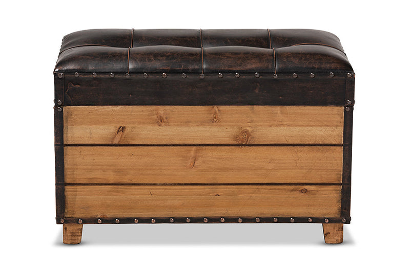 Sennet Rustic Dark Brown Faux Leather 2Pc Wood Storage Trunk Ottoman Set Baxton