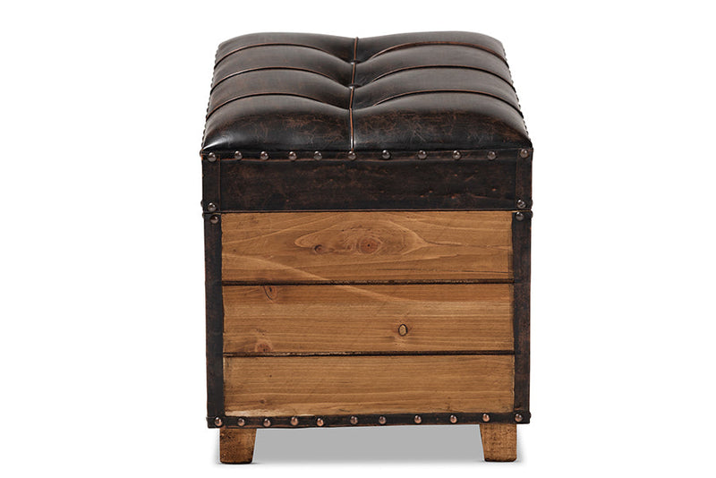 Sennet Rustic Dark Brown Faux Leather 2Pc Wood Storage Trunk Ottoman Set Baxton