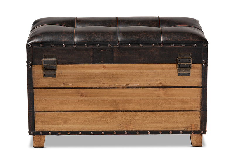 Sennet Rustic Dark Brown Faux Leather Upholstered 2-Piece Wood Storage Trunk Ottoman Set