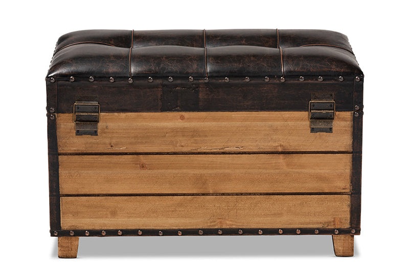 Sennet Rustic Dark Brown Faux Leather 2Pc Wood Storage Trunk Ottoman Set Baxton