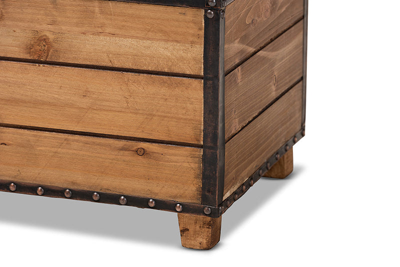 Sennet Rustic Dark Brown Faux Leather 2Pc Wood Storage Trunk Ottoman Set Baxton