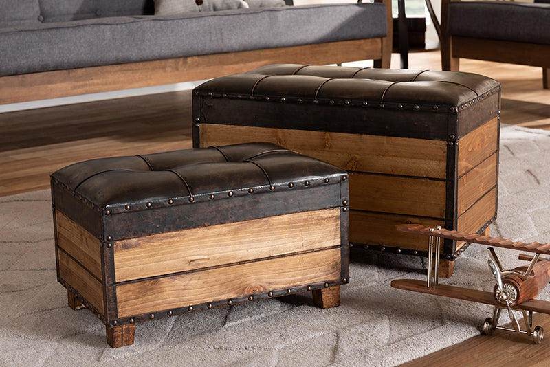 Sennet Rustic Dark Brown Faux Leather Upholstered 2-Piece Wood Storage Trunk Ottoman Set