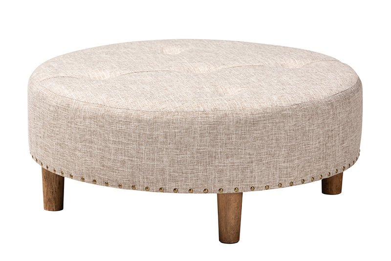 Variel Modern and Contemporary Beige Fabric Upholstered Natural Wood Cocktail Ottoman