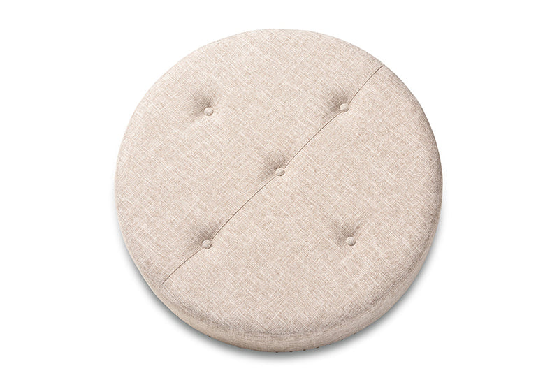 Variel Beige Fabric Upholstered Natural Wood Cocktail Ottoman Baxton