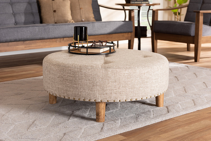 Variel Modern and Contemporary Beige Fabric Upholstered Natural Wood Cocktail Ottoman