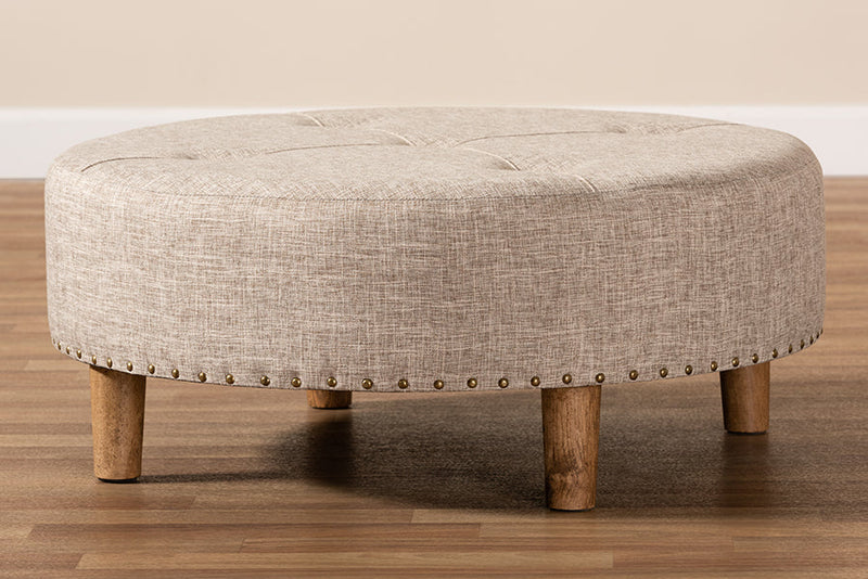 Variel Beige Fabric Upholstered Natural Wood Cocktail Ottoman Baxton