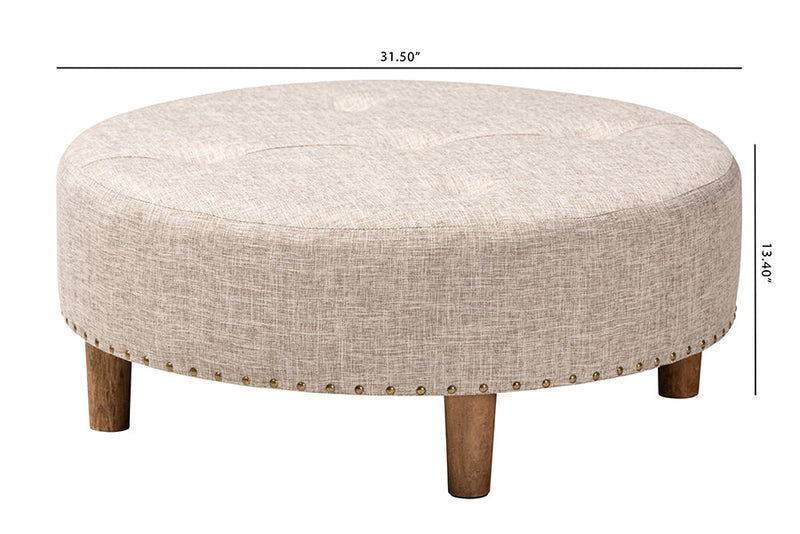 Variel Beige Fabric Upholstered Natural Wood Cocktail Ottoman Baxton