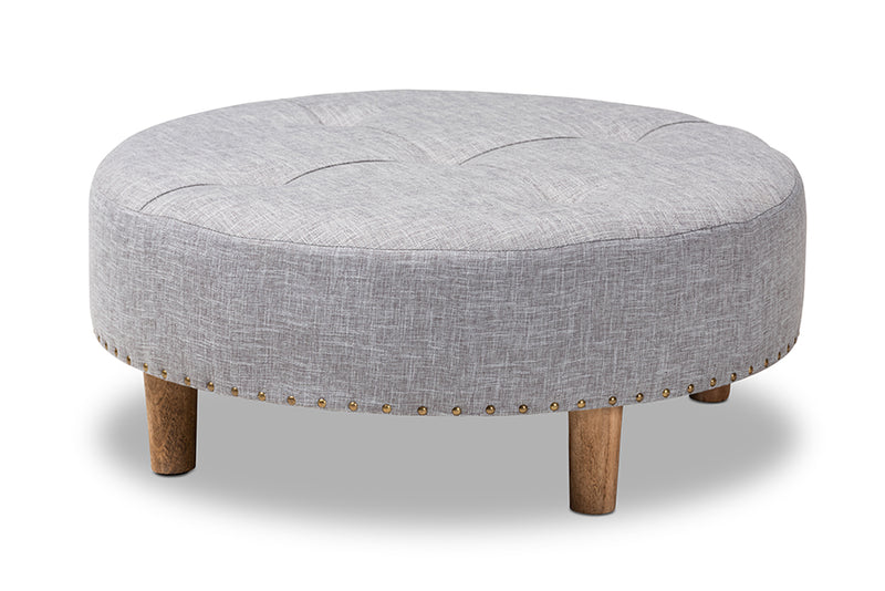 Variel Modern and Contemporary Light Gray Fabric Upholstered Natural Wood Cocktail Ottoman