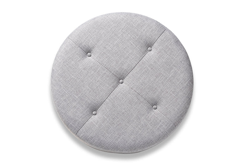 Variel Light Gray Fabric Upholstered Natural Wood Cocktail Ottoman Baxton