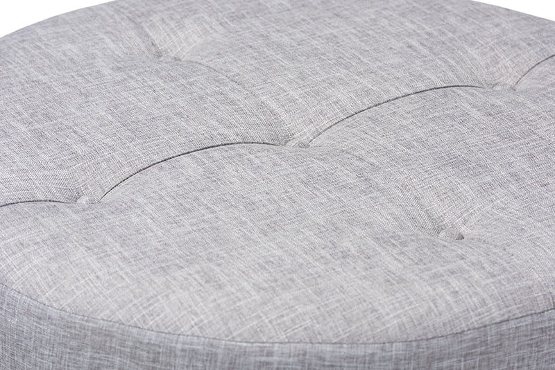 Variel Light Gray Fabric Upholstered Natural Wood Cocktail Ottoman Baxton
