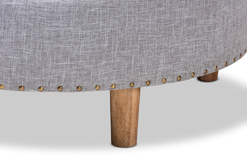 Variel Light Gray Fabric Upholstered Natural Wood Cocktail Ottoman Baxton