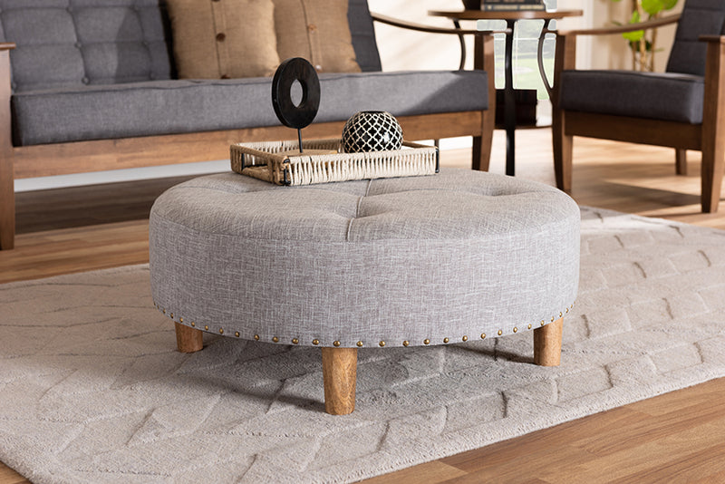 Variel Modern and Contemporary Light Gray Fabric Upholstered Natural Wood Cocktail Ottoman