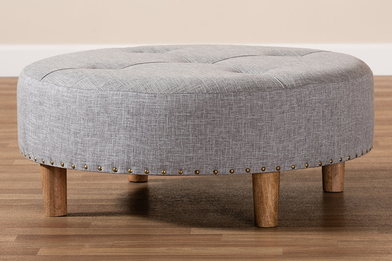 Variel Modern and Contemporary Light Gray Fabric Upholstered Natural Wood Cocktail Ottoman