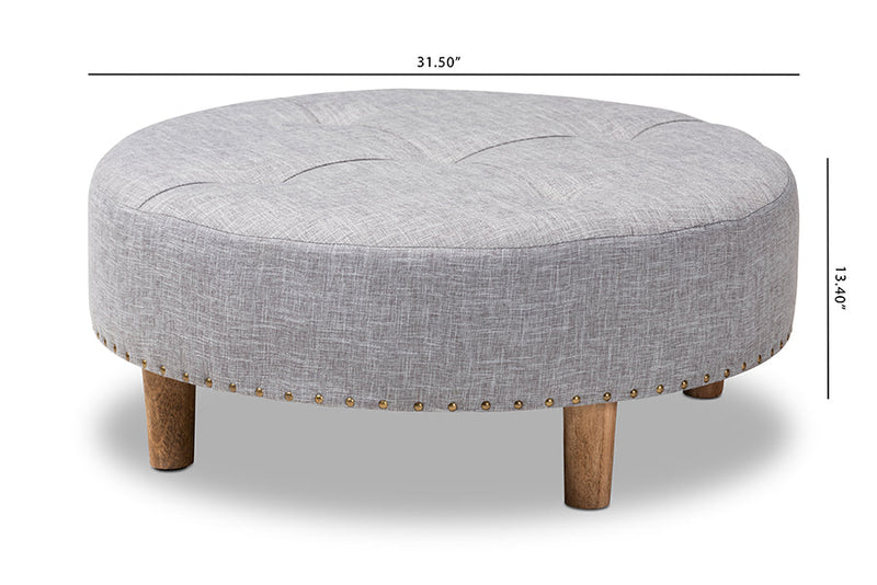 Variel Light Gray Fabric Upholstered Natural Wood Cocktail Ottoman Baxton