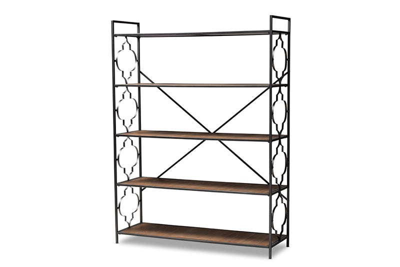 Felda Industrial Black Iron Metal and Natural Oak Wood 5-Shelf Quatrefoil Accent Bookcase