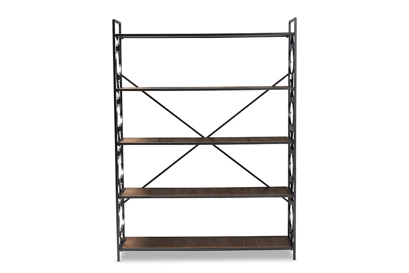 Felda Industrial Black Iron Metal and Natural Oak Wood 5-Shelf Quatrefoil Accent Bookcase