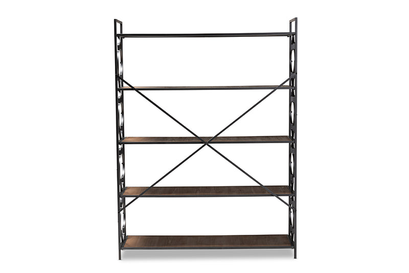 Felda Industrial Black Iron Metal and Natural Oak Wood 5-Shelf Quatrefoil Accent Bookcase