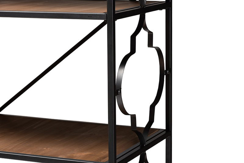 Felda Industrial Black Iron Metal and Natural Oak Wood 5-Shelf Quatrefoil Accent Bookcase