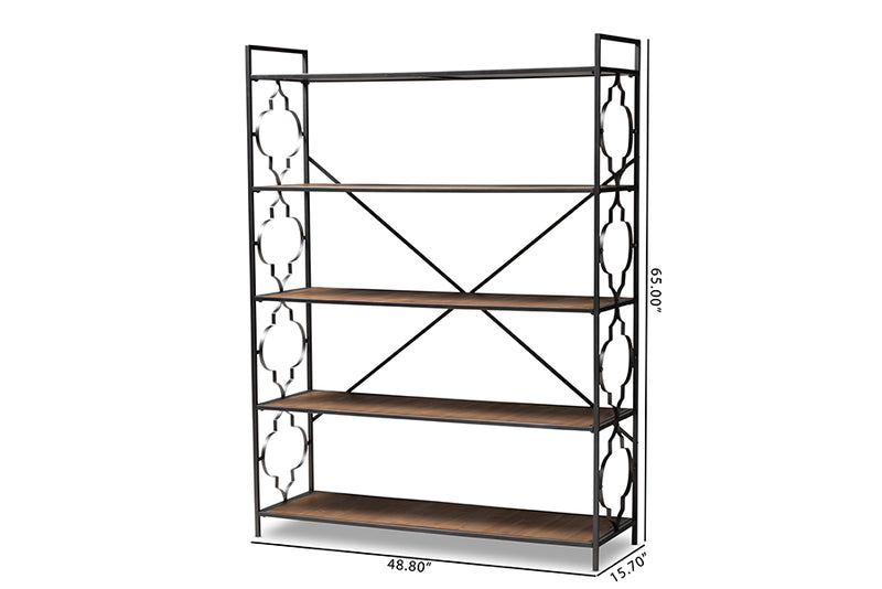 Felda Industrial Black Iron Metal and Natural Oak Wood 5-Shelf Quatrefoil Accent Bookcase