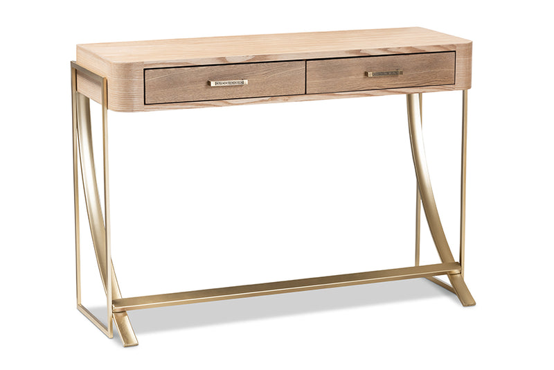 Lamaria Modern and Contemporary Natural Brown Finished Wood and Gold Finished 2-Drawer Console Table