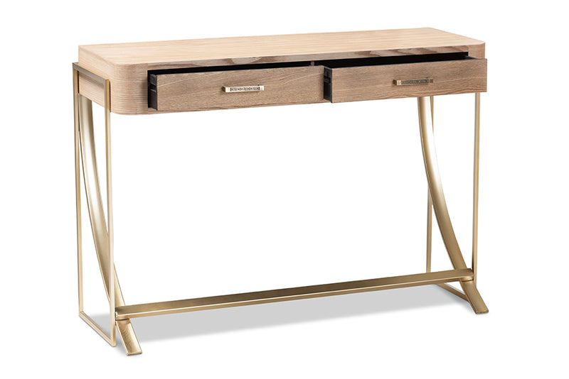 Lamaria Modern and Contemporary Natural Brown Finished Wood and Gold Finished 2-Drawer Console Table
