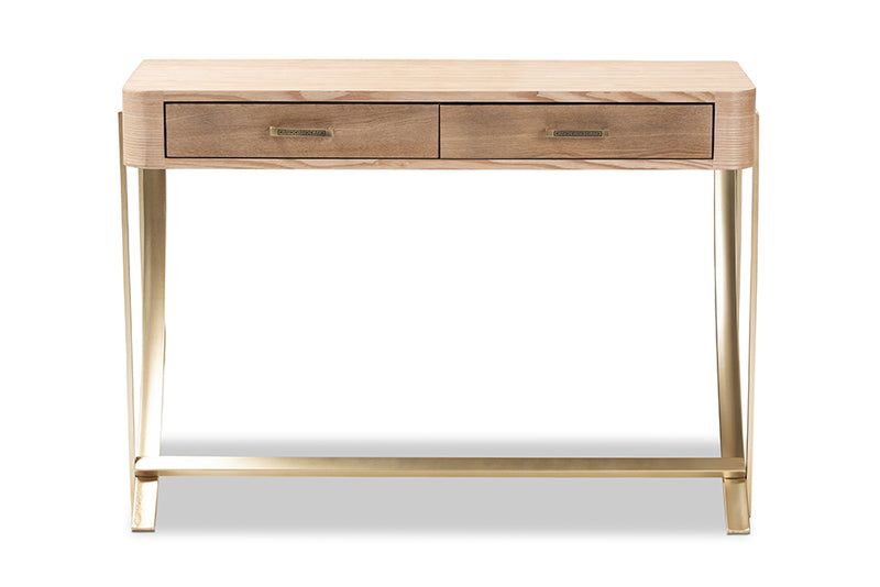 Lamaria Modern and Contemporary Natural Brown Finished Wood and Gold Finished 2-Drawer Console Table