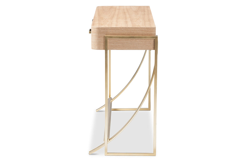 Lamaria Modern and Contemporary Natural Brown Finished Wood and Gold Finished 2-Drawer Console Table