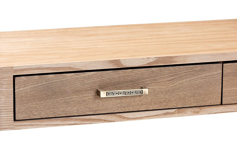 Lamaria Modern and Contemporary Natural Brown Finished Wood and Gold Finished 2-Drawer Console Table