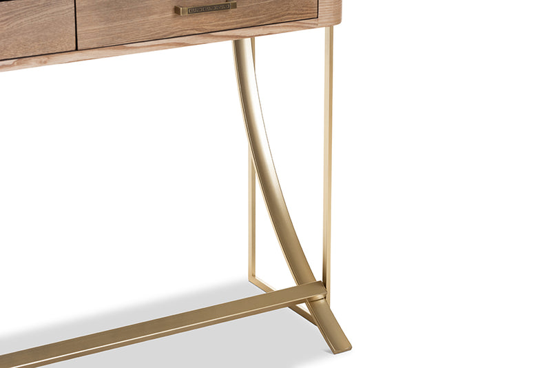 Lamaria Modern and Contemporary Natural Brown Finished Wood and Gold Finished 2-Drawer Console Table