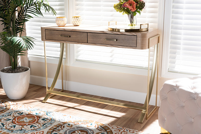 Lamaria Modern and Contemporary Natural Brown Finished Wood and Gold Finished 2-Drawer Console Table