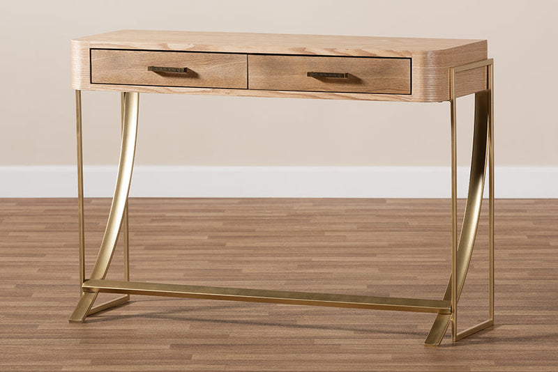 Lamaria Natural Brown and Gold Finished 2-Drawer Console Table Baxton