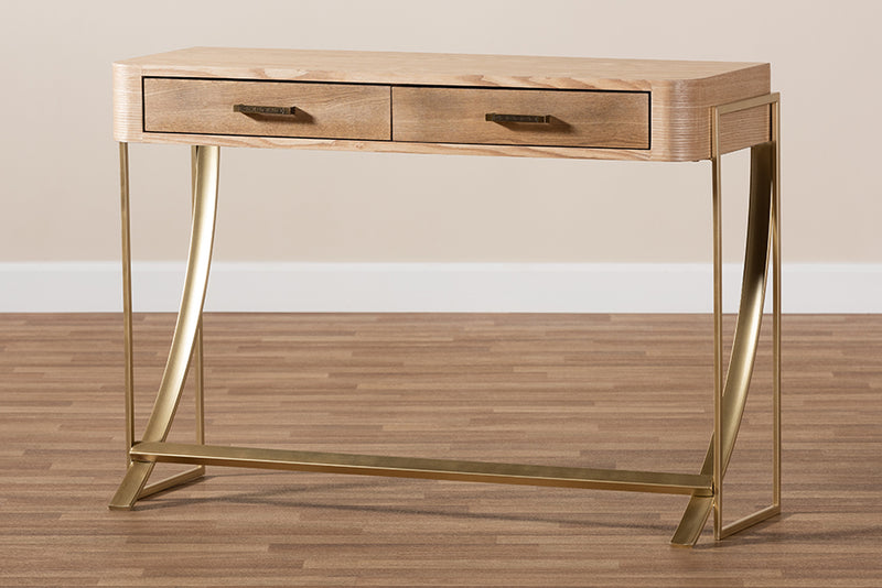 Lamaria Modern and Contemporary Natural Brown Finished Wood and Gold Finished 2-Drawer Console Table
