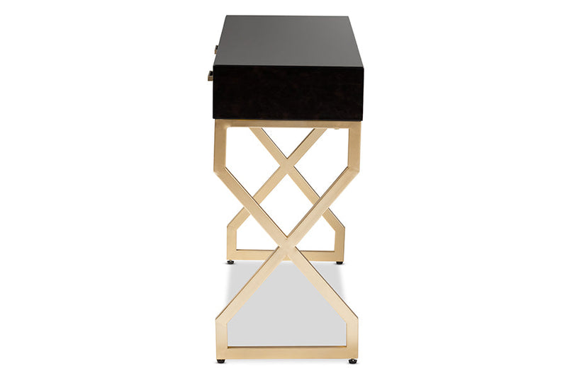 Beth Dark Brown Faux Leather Upholstered Gold Finished 2-Drawer Console Table Baxton