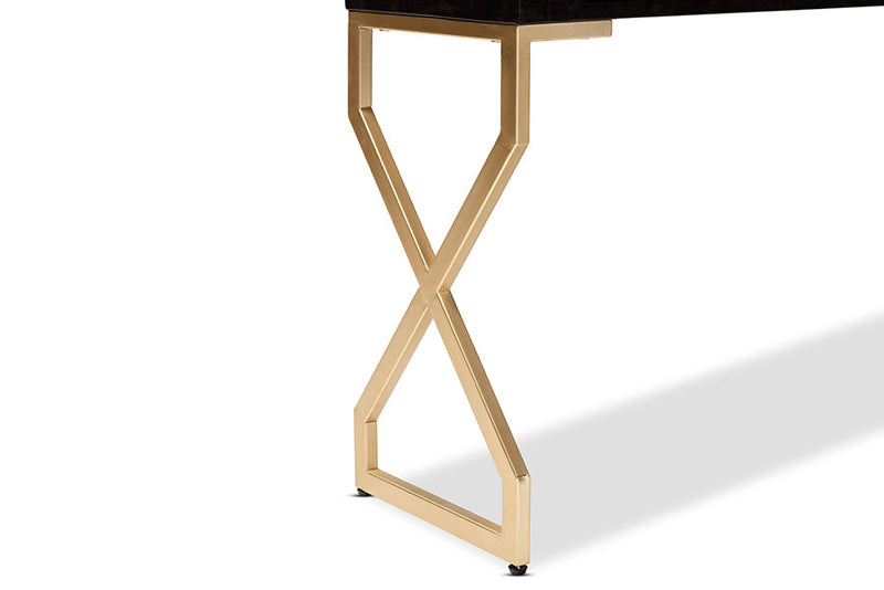 Beth Dark Brown Faux Leather Upholstered Gold Finished 2-Drawer Console Table Baxton
