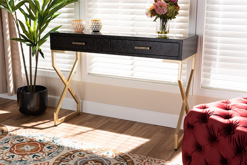 Beth Dark Brown Faux Leather Upholstered Gold Finished 2-Drawer Console Table Baxton