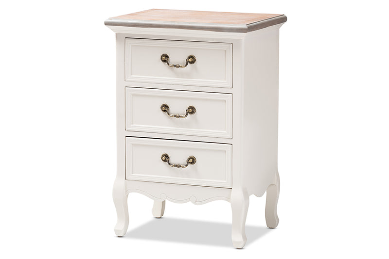 Gould Antique French Country Cottage Two Tone Natural Whitewashed Oak and White Finished Wood 3-Drawer End Table