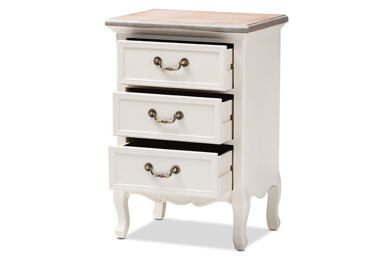 Gould Antique French Country Cottage Two Tone Natural Whitewashed Oak and White Finished Wood 3-Drawer End Table