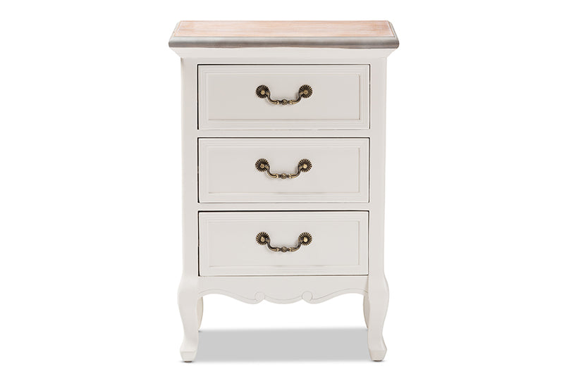 Gould Antique French Country Cottage Two Tone Natural Whitewashed Oak and White Finished Wood 3-Drawer End Table