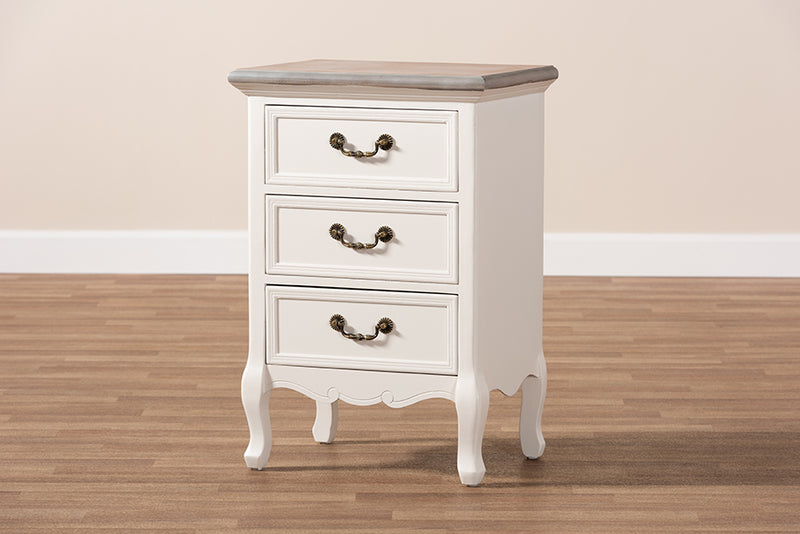 Gould Antique French Country Cottage Two Tone Natural Whitewashed Oak and White Finished Wood 3-Drawer End Table