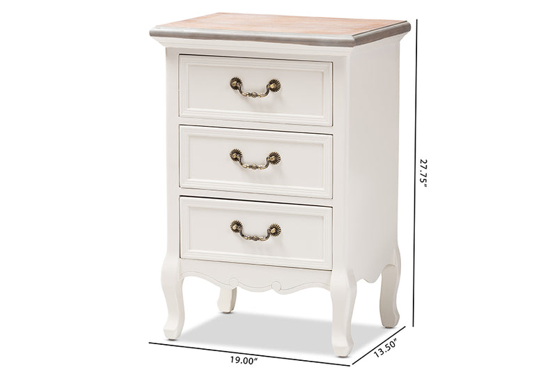 Gould Antique French Country Cottage Two Tone Natural Whitewashed Oak and White Finished Wood 3-Drawer End Table