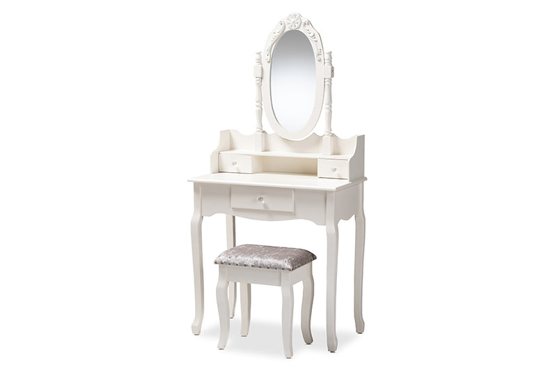 Excel Traditional French Provincial White Finished Wood 2-Piece Vanity Table w/Mirror and Ottoman