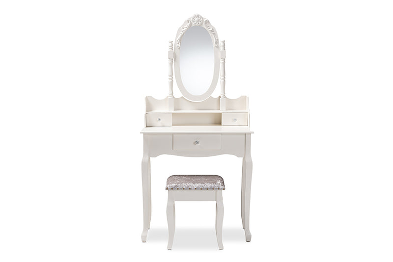 Excel Traditional French Provincial White Finished Wood 2-Piece Vanity Table w/Mirror and Ottoman