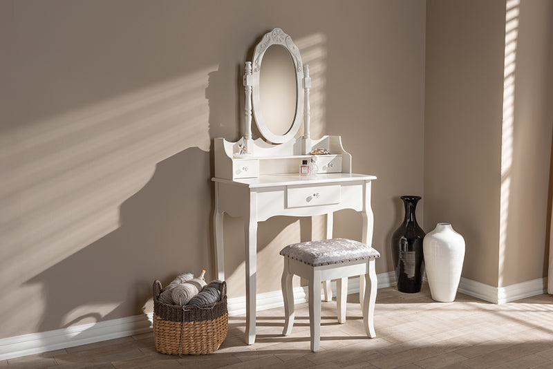 Excel Traditional French Provincial White Finished Wood 2-Piece Vanity Table w/Mirror and Ottoman