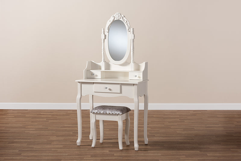 Excel Traditional French Provincial White Finished Wood 2-Piece Vanity Table w/Mirror and Ottoman