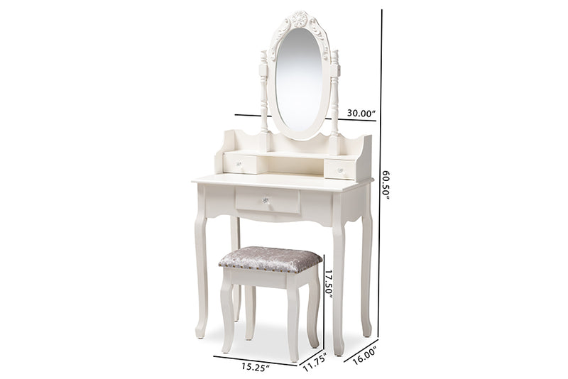 Excel Traditional French Provincial White Finished Wood 2-Piece Vanity Table w/Mirror and Ottoman