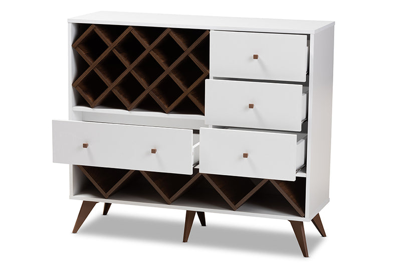 Cadmus Mid-Century Modern White and Walnut Finished Wood Wine Cabinet