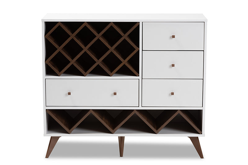 Cadmus Mid-Century Modern White and Walnut Finished Wood Wine Cabinet